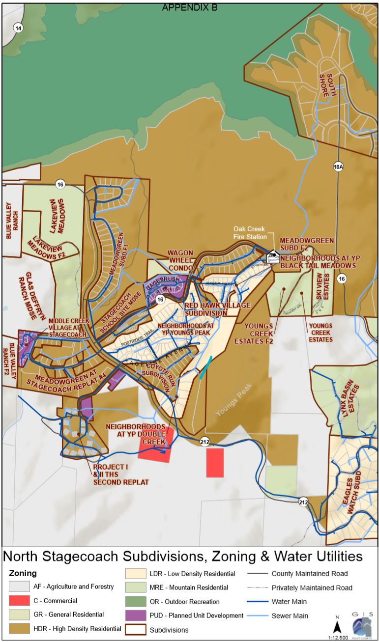 Map of Stagecoach subdivisions showing the zoning and water utilties
